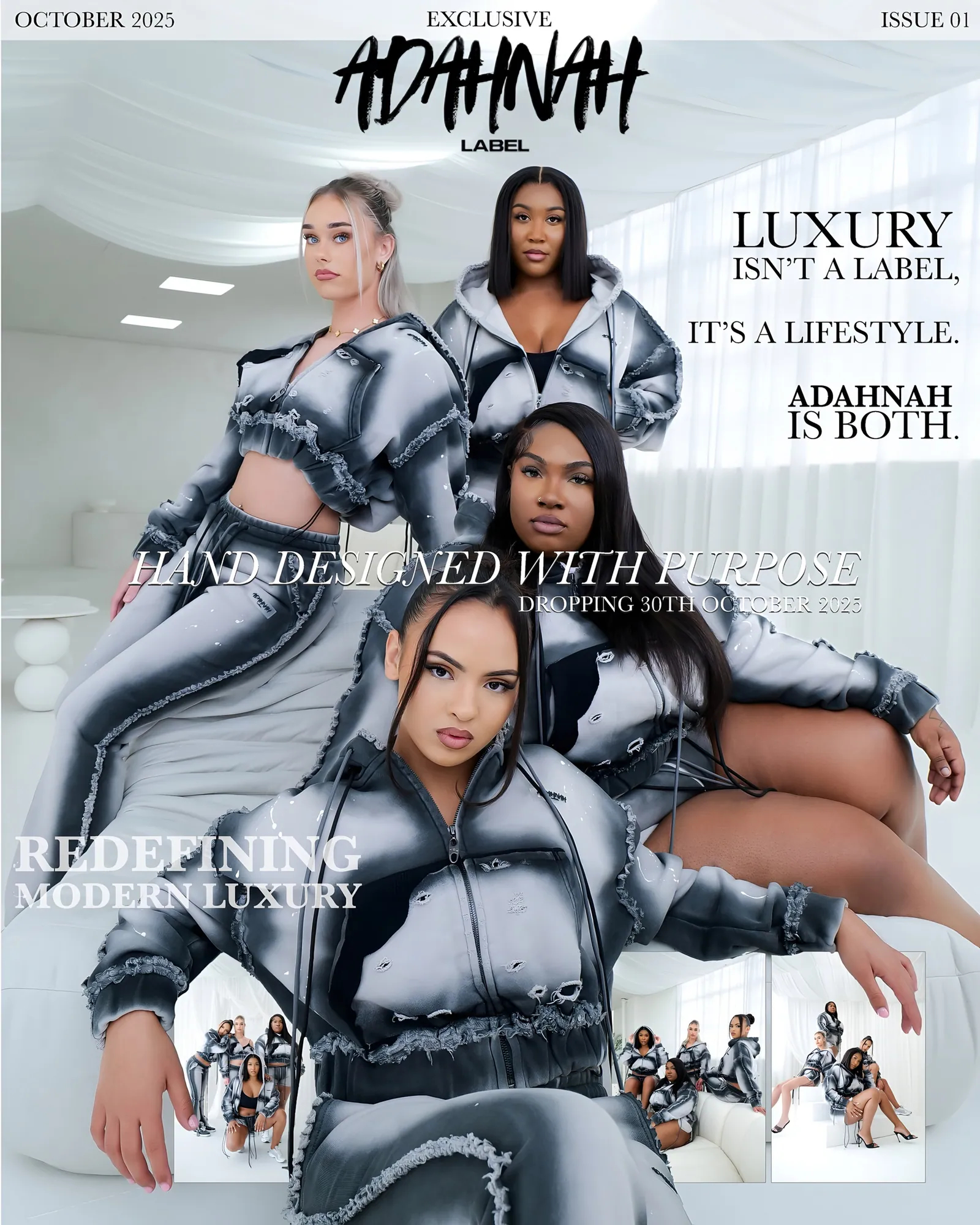Magazine cover reading ADAHNAH LABEL, October 2025 Issue 01, Luxury isn't a label, it's a lifestyle, four models in denim