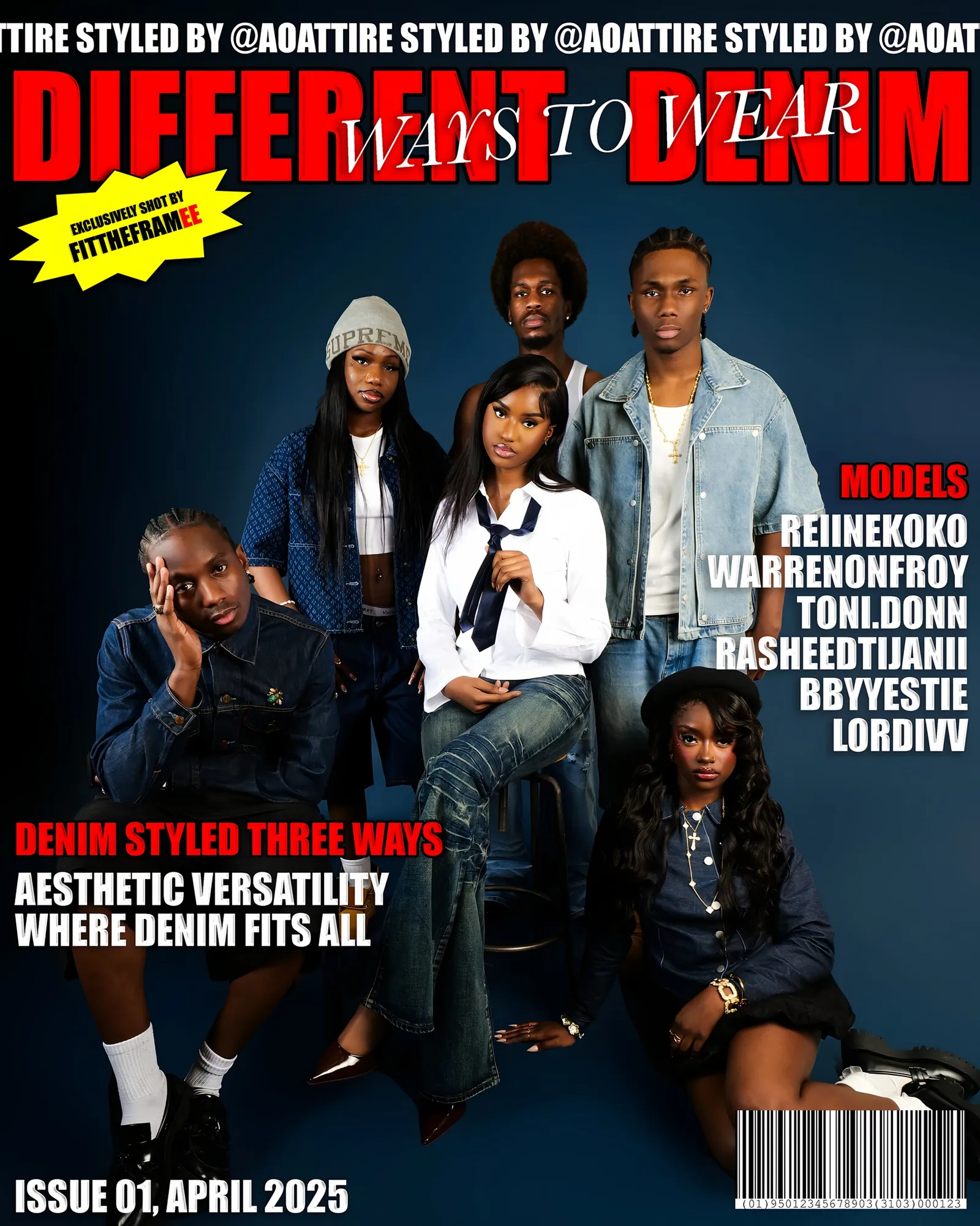 Magazine cover reading DIFFERENT WAYS TO WEAR DENIM, Issue 01 April 2025, with six models in denim looks on a blue backdrop