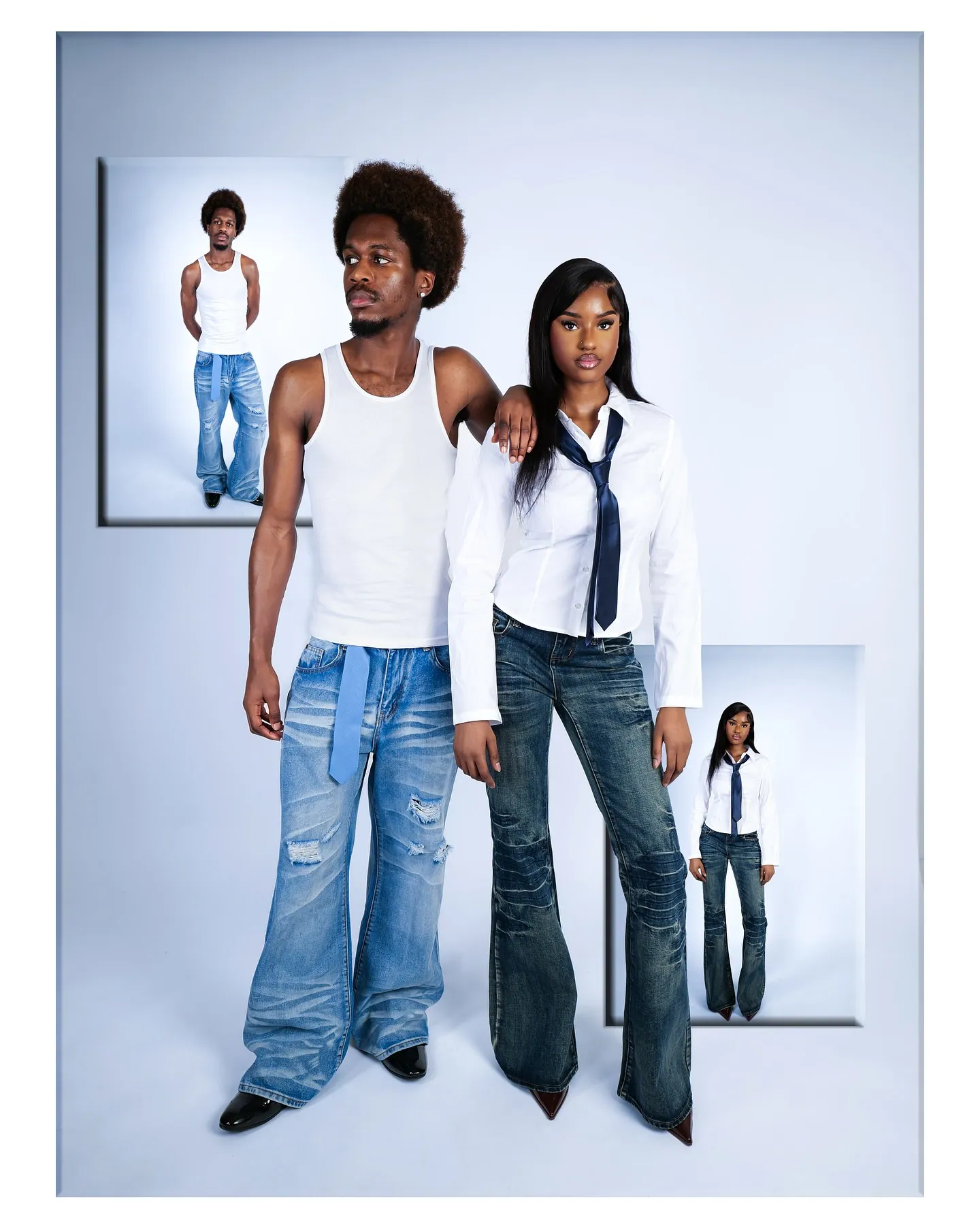 A man in a white vest and ripped flared jeans beside a woman in a white shirt, navy tie and flared jeans, on pale blue
