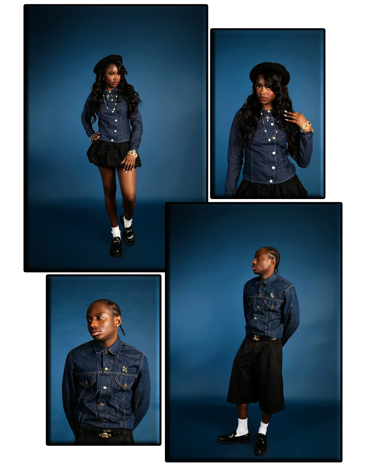 Collage of four portraits of two models in dark denim shirts, a black mini skirt and black shorts on a blue backdrop