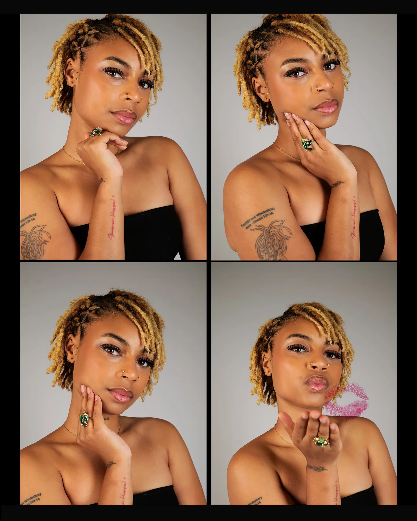 Four-frame photo strip of a woman with blonde locs and a black strapless top, hand to her face, blowing a kiss