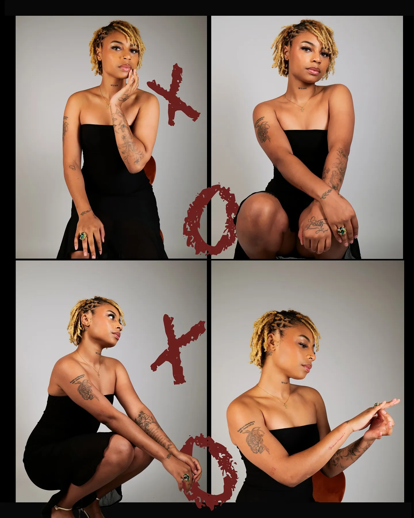 Four-frame grid of a woman in a black dress posing on a stool, with red hand-drawn X and O marks between the frames