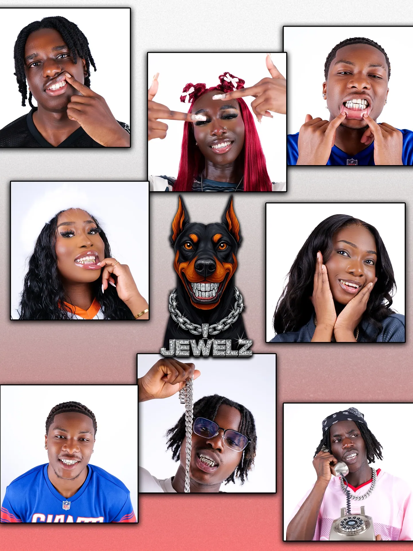 Collage of portraits of smiling people showing grills around a Doberman JEWELZ logo, on a pink gradient background