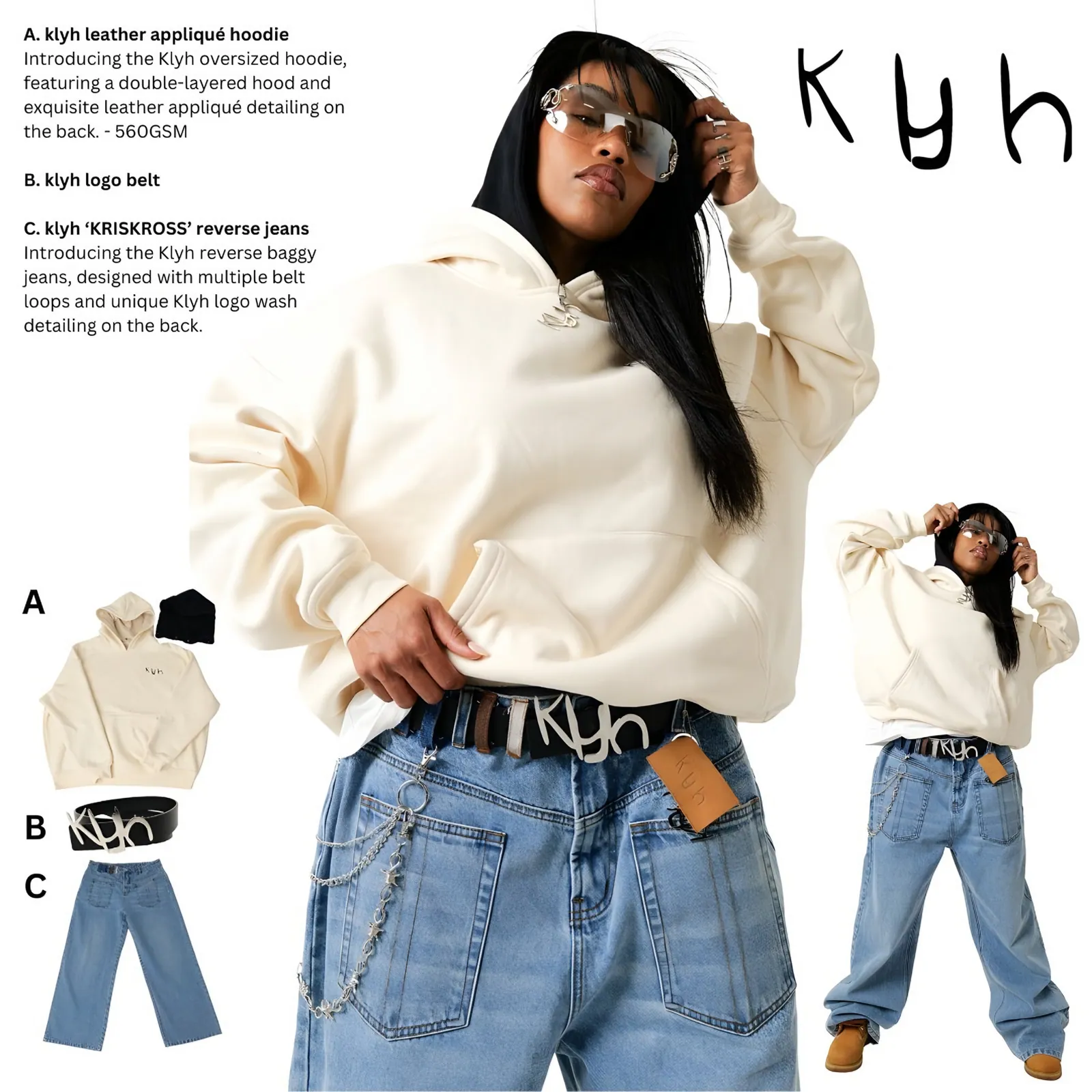 Klyh lookbook collage of a woman in sunglasses, cream hoodie and baggy jeans, with hoodie, belt and jeans product shots