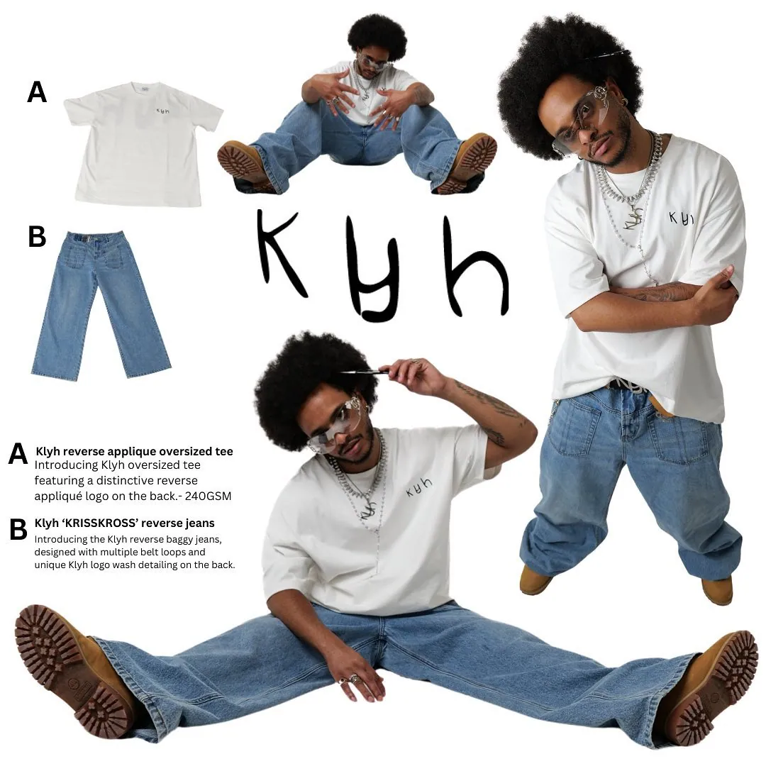 Klyh lookbook collage of a man with an afro in a white tee and baggy jeans, with product shots of the tee and jeans
