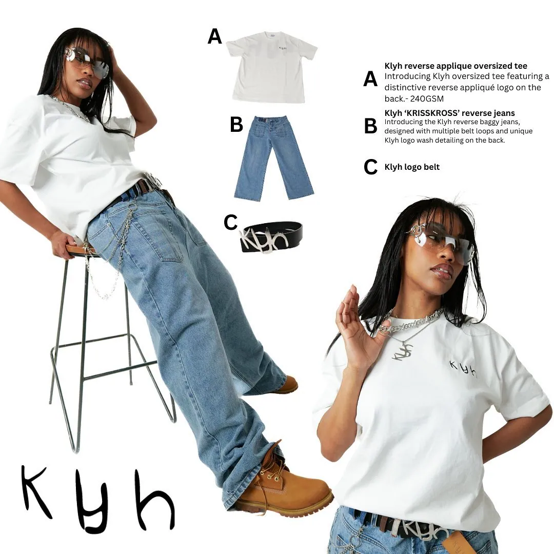 Klyh lookbook collage of a woman in a white tee, baggy jeans and boots on a stool, with product shots of tee, jeans and belt