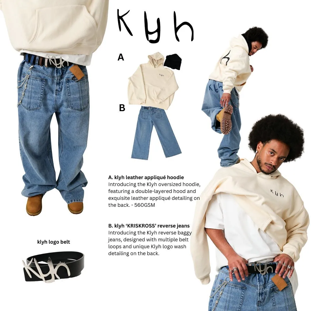 Klyh lookbook collage of a man in a cream hoodie and baggy jeans, with product shots of the hoodie, jeans and logo belt