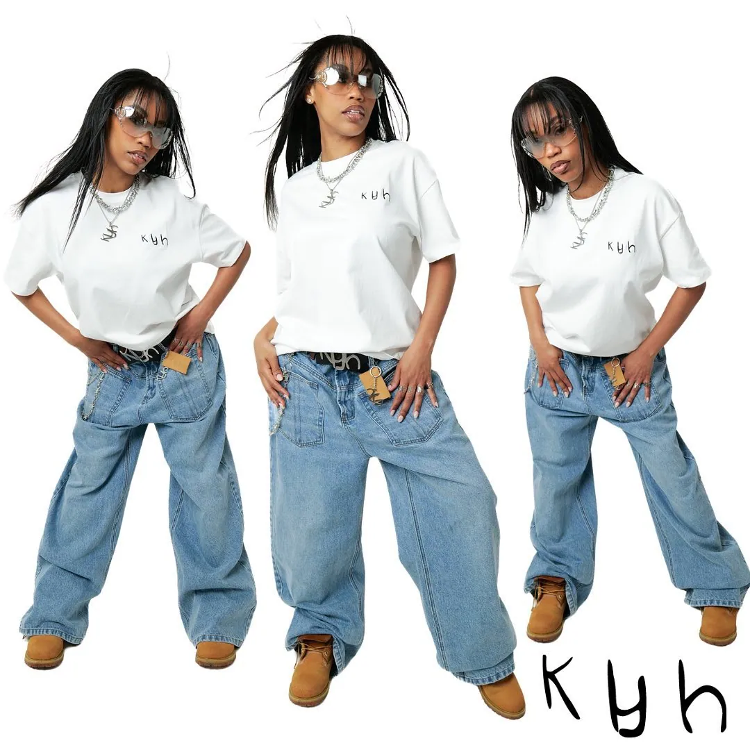 Three poses of a woman in sunglasses, white Klyh tee, baggy blue jeans and tan boots on a white background