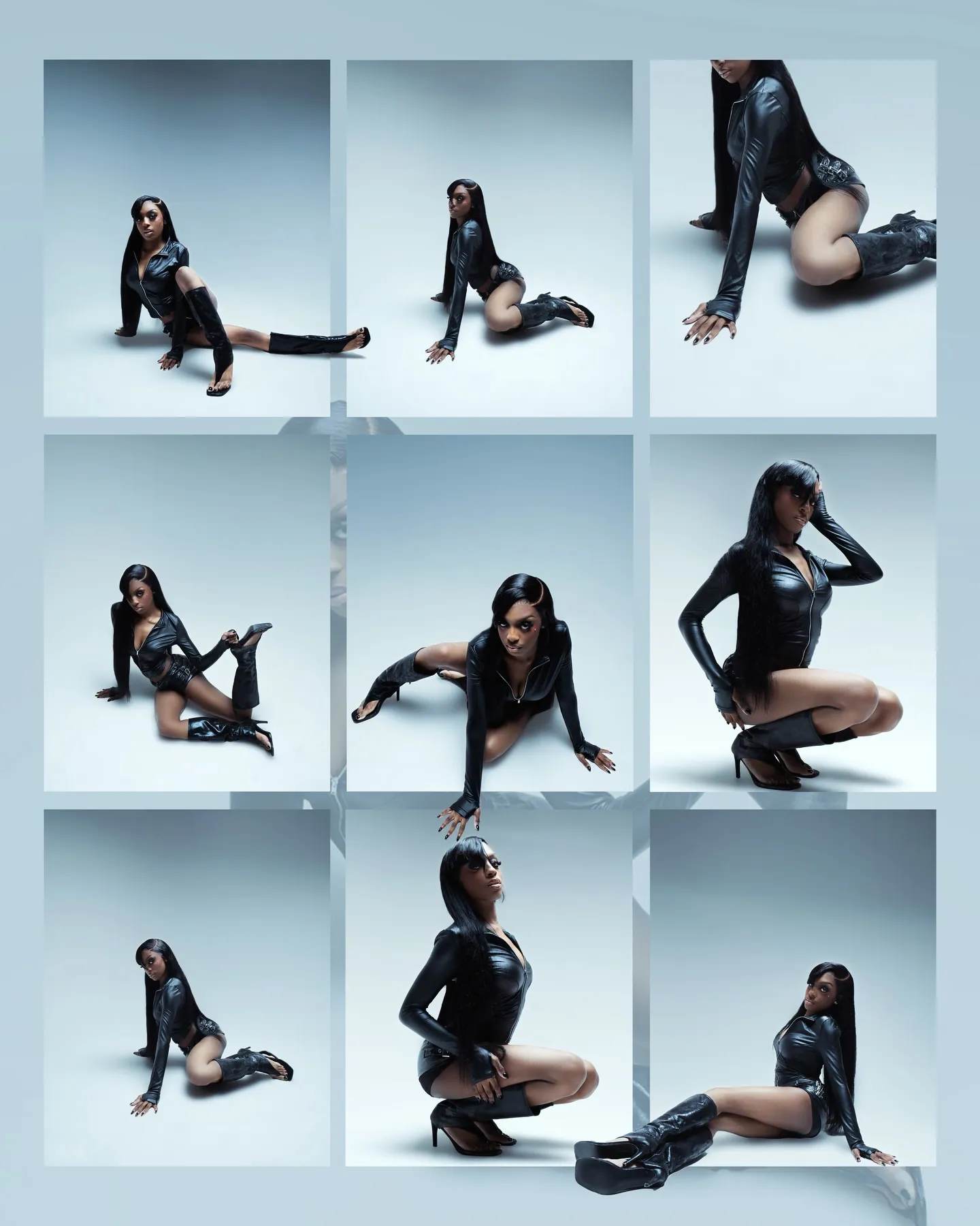 Grid of nine photos of a woman in black leather and boots in different poses, kneeling, crouching and lying, pale blue frames