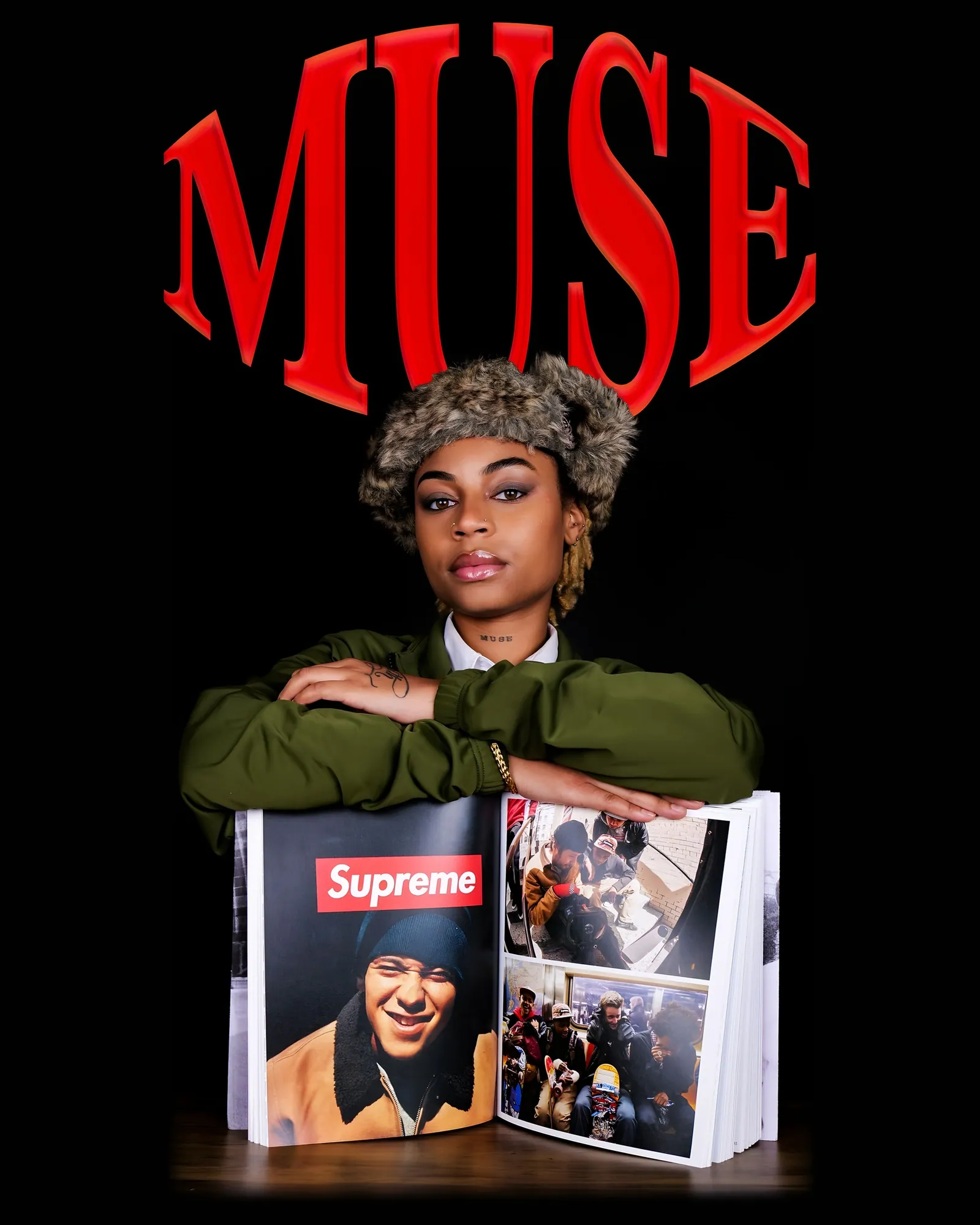 Person in a fur hat and green jacket leaning on a book showing Supreme, under red MUSE lettering on black