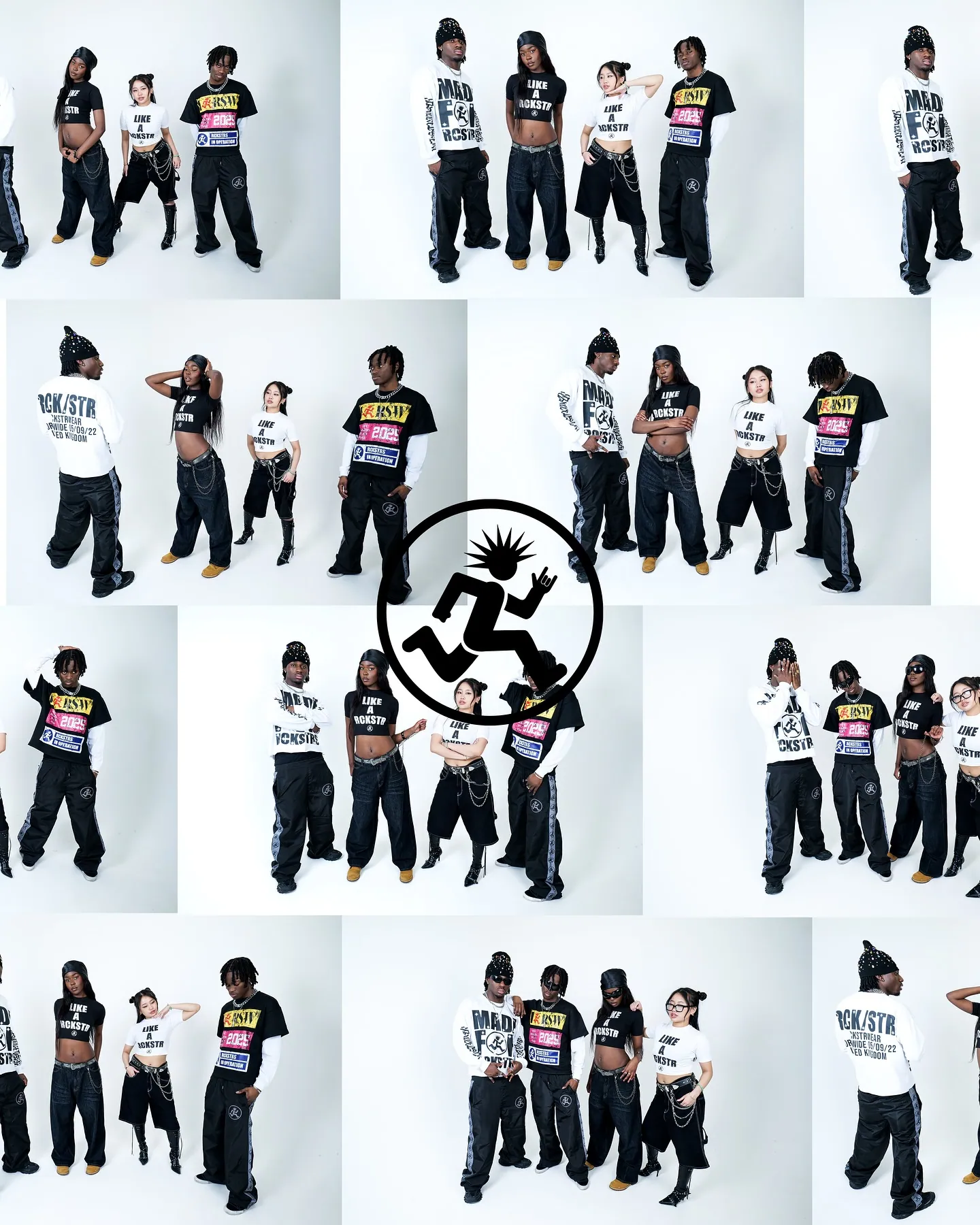 Grid collage of four models in black and white graphic streetwear on a white backdrop with a central running-man logo