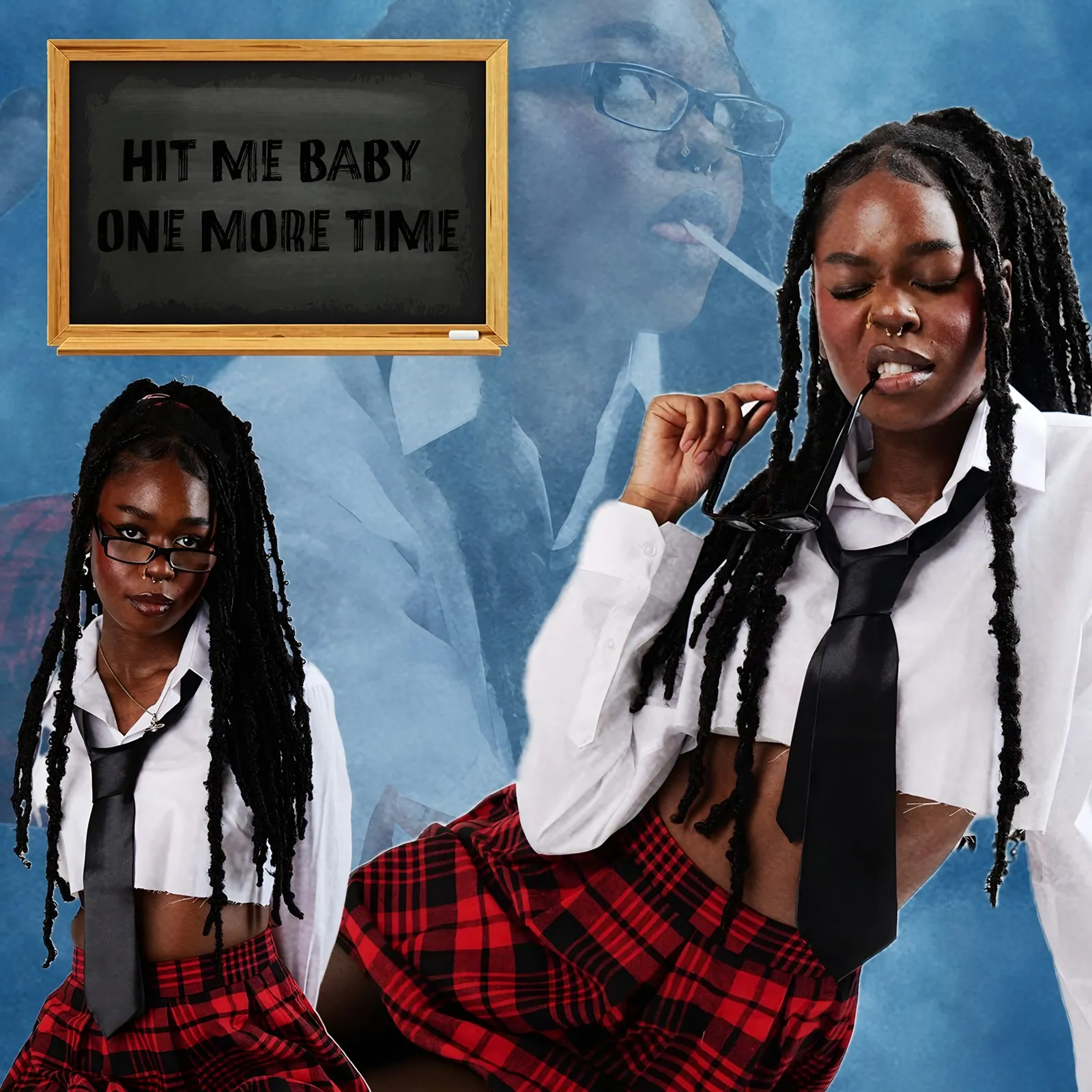 Collage with a chalkboard reading HIT ME BABY ONE MORE TIME and two women in school shirts, ties and red tartan skirts