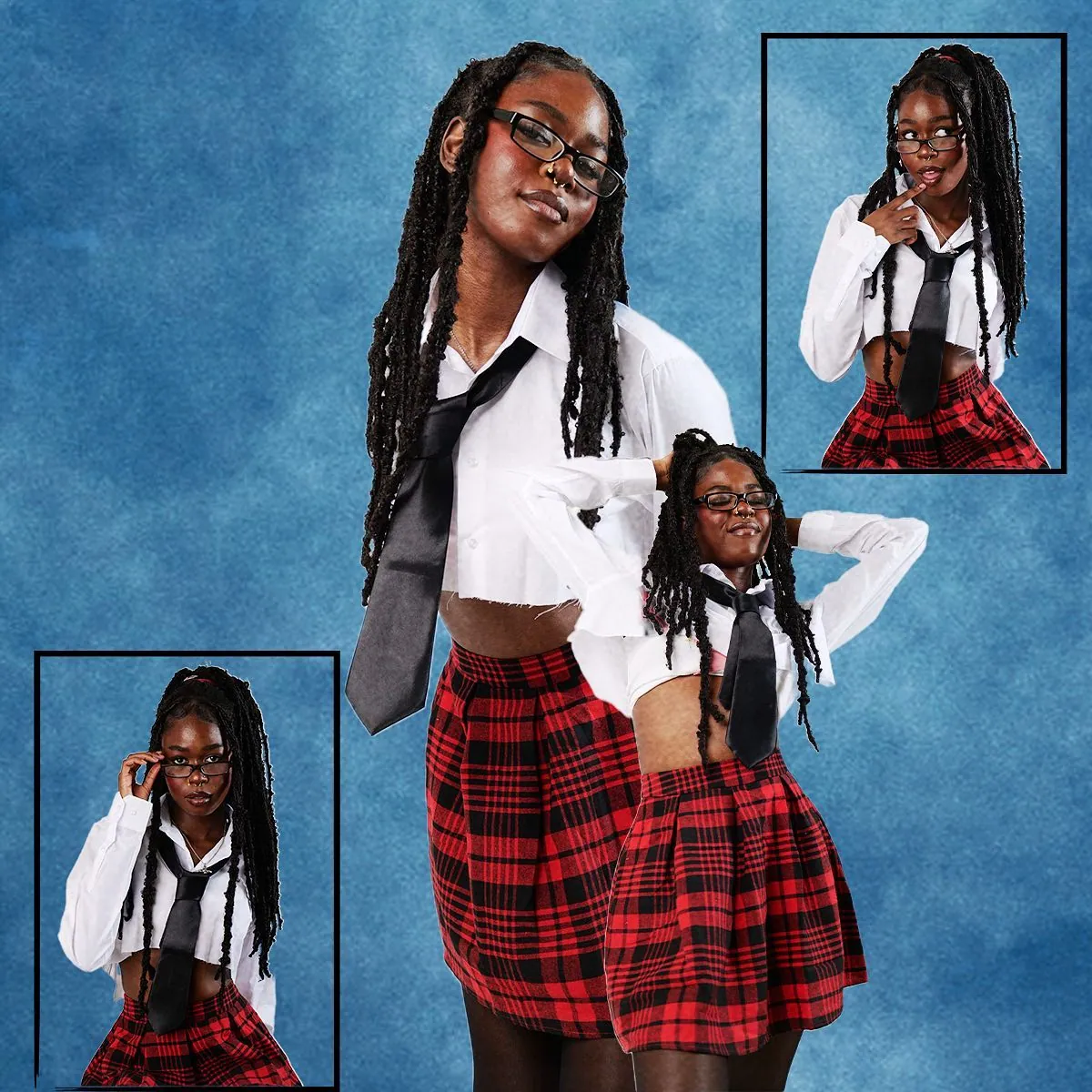 Woman in glasses, white shirt, tie and red tartan skirt, in several poses against a blue textured backdrop