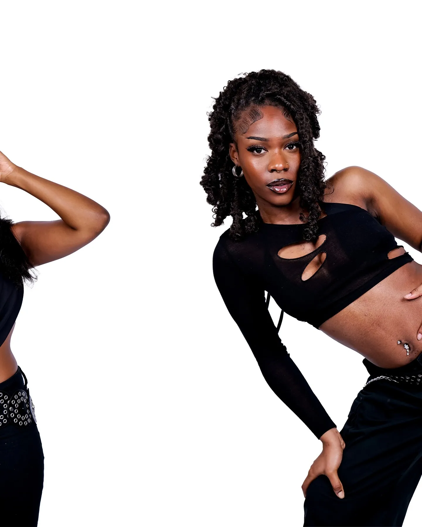 Woman in a black cut-out long-sleeve crop top with a hand on her hip, a second pose cropped on the left