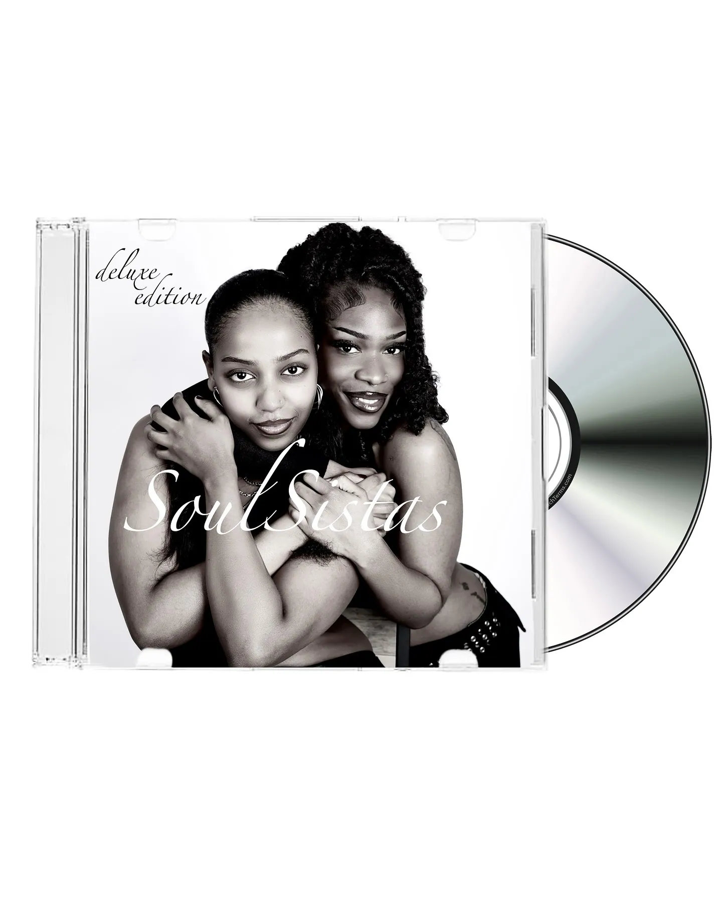 Black and white CD case mockup titled SoulSistas, deluxe edition, with two women embracing on the cover