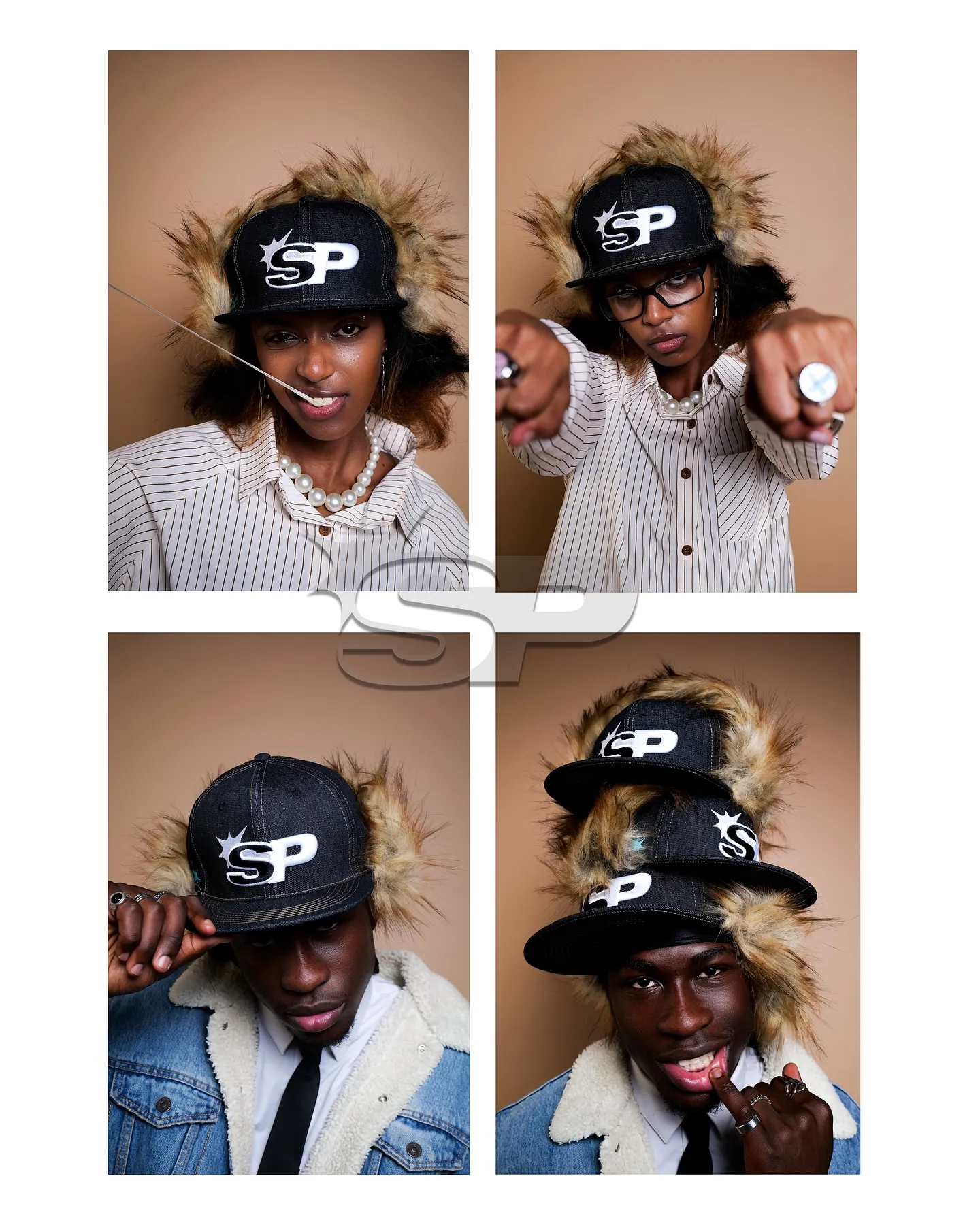 Four-panel collage of models wearing black SP caps with fur trim, striped shirt and denim sherpa jacket, SP logo watermark