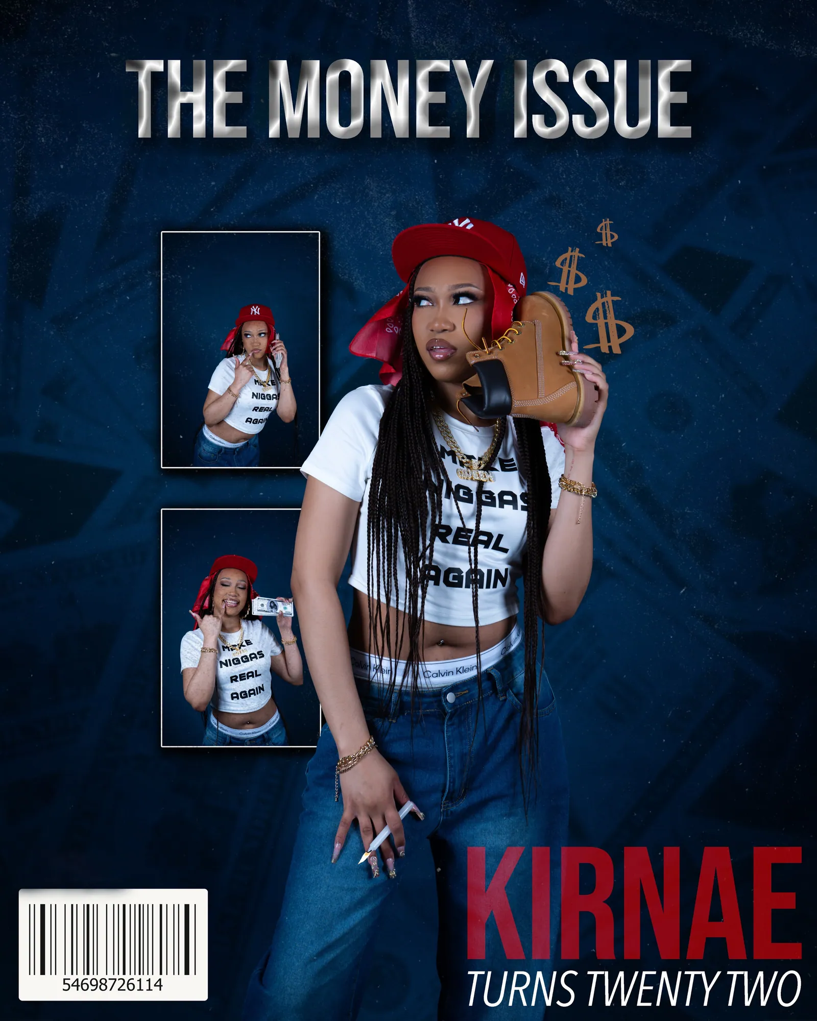 Magazine cover reading THE MONEY ISSUE, KIRNAE TURNS TWENTY TWO, a woman in a red cap holding a boot to her ear