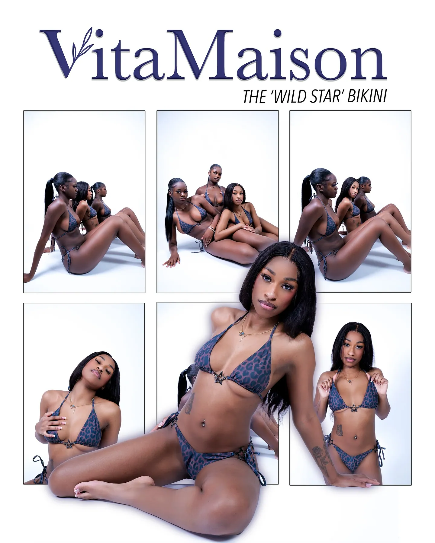 VitaMaison layout titled The Wild Star Bikini with a grid of women in blue leopard print bikinis on a white backdrop