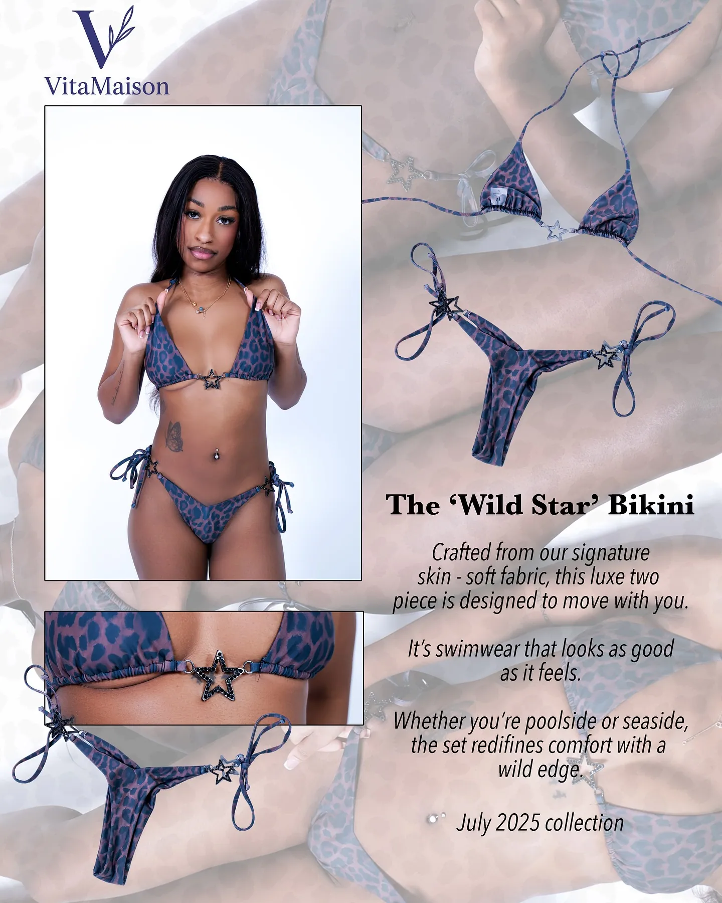VitaMaison Wild Star Bikini product graphic with a woman in a star-detail bikini, close-up crops and descriptive text
