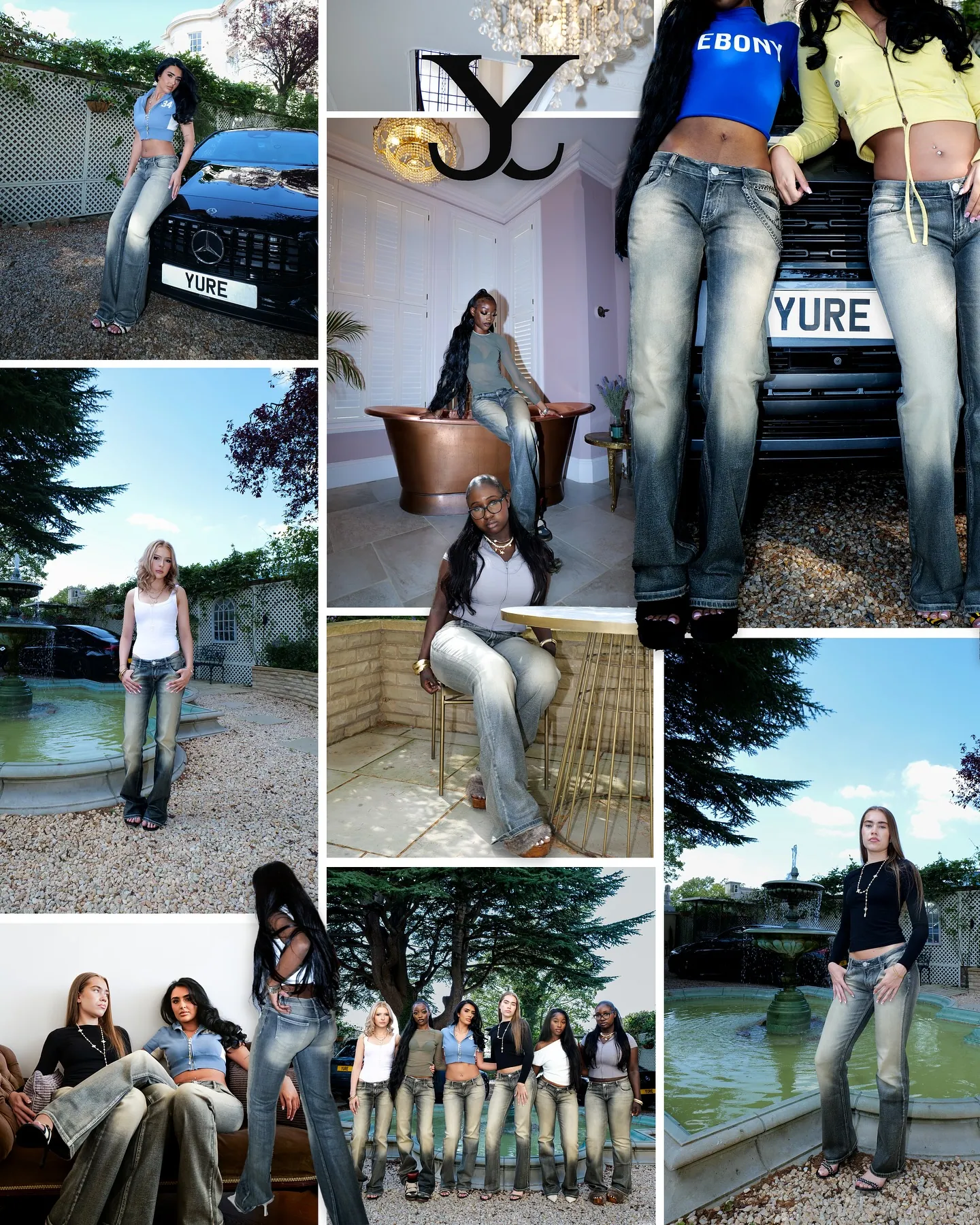 Collage of women in faded flared jeans: by a black car, a fountain, a copper bath, a sofa and a group line-up