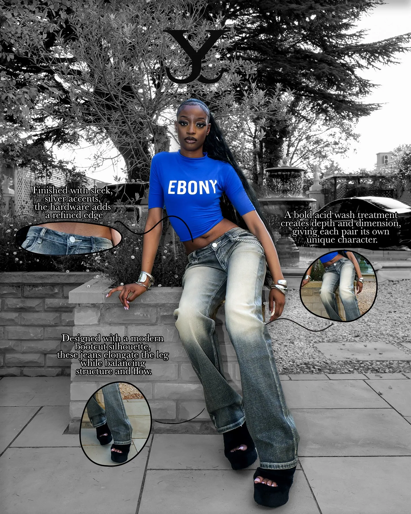 Black and white edit of a woman in a blue EBONY top and jeans seated on a wall, with captions about acid wash denim